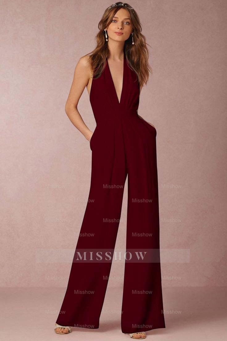 Casual Black Deep V-Neck Halter Long Daily Jump Suit