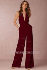 Casual Black Deep V-Neck Halter Long Daily Jump Suit