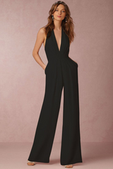 Casual Black Deep V-Neck Halter Long Daily Jump Suit
