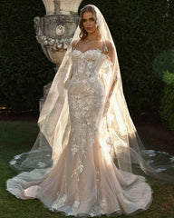 Champagne 3D Floral Applique Beaded Mermaid Wedding Dress Sweetheart Sleeveless Sparkle Lace Open Back Cathedral Train Bridal Gown
