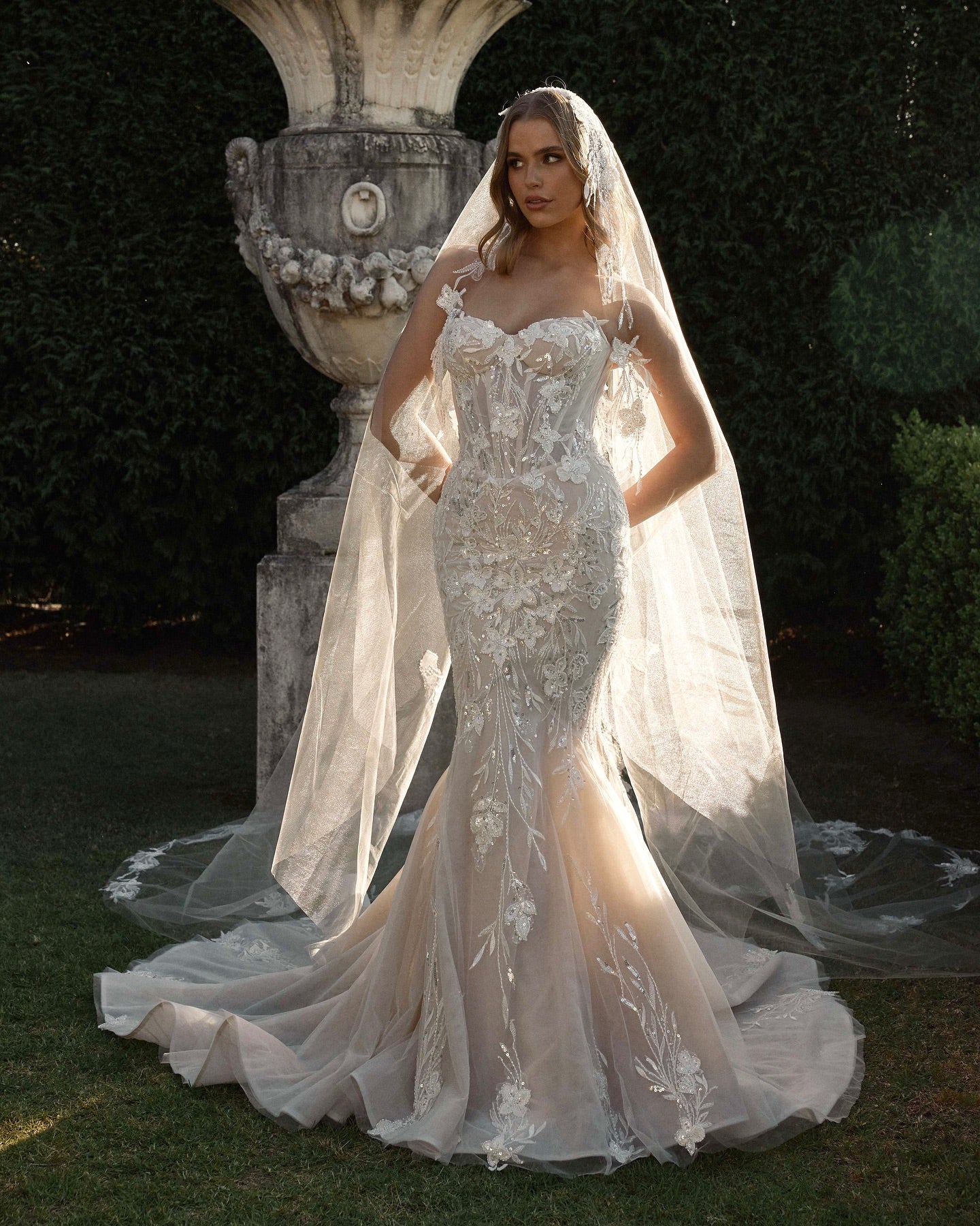 Champagne 3D Floral Applique Beaded Mermaid Wedding Dress Sweetheart Sleeveless Sparkle Lace Open Back Cathedral Train Bridal Gown