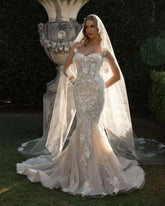 Champagne 3D Floral Applique Beaded Mermaid Wedding Dress Sweetheart Sleeveless Sparkle Lace Open Back Cathedral Train Bridal Gown