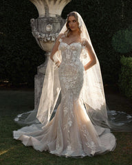 Champagne 3D Floral Applique Beaded Mermaid Wedding Dress Sweetheart Sleeveless Sparkle Lace Open Back Cathedral Train Bridal Gown