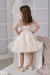 Champagne 3D Floral Lace Flower Girl Dress Scoop Neck Short Tulle Sleeves Sequin Embroidery Puffy Tulle Skirt Flower Girl Dress