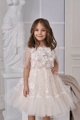 Champagne 3D Floral Lace Flower Girl Dress Scoop Neck Short Tulle Sleeves Sequin Embroidery Puffy Tulle Skirt Flower Girl Dress
