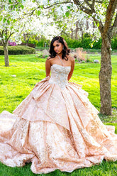 Champagne Ball Gown Prom Dress Strapless Sweetheart Crystal Beaded Corset Baroque Jacquard Layered Skirt with Cathedral Train