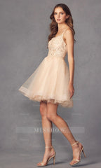 Champagne Beaded Rhinestone Spaghetti Straps A-line Tulle Applique Mini Formal Dress