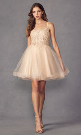 Champagne Beaded Rhinestone Spaghetti Straps A-line Tulle Applique Mini Formal Dress