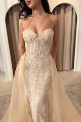 Champagne Blush Lace Sweetheart Mermaid Evening Dress Sheer Boned Corset Bodice Detachable Tulle Overskirt Formal Gown