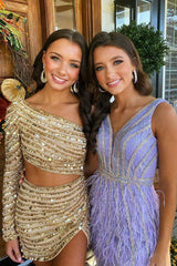 Champagne Bodycon One Shoulder Short Sequins Homecoming Dress with Long Sleeves
