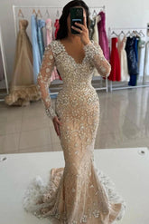 Champagne Crystal Beaded Mermaid Evening Dress Long Sleeves V-Neck Luxury Rhinestone Formal Gown