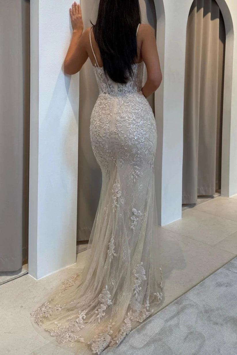 Champagne Glitter Lace Mermaid Evening Gown Spaghetti Straps Illusion Boned Corset Bodice Floral Embroidery Sweep Train Prom Dress