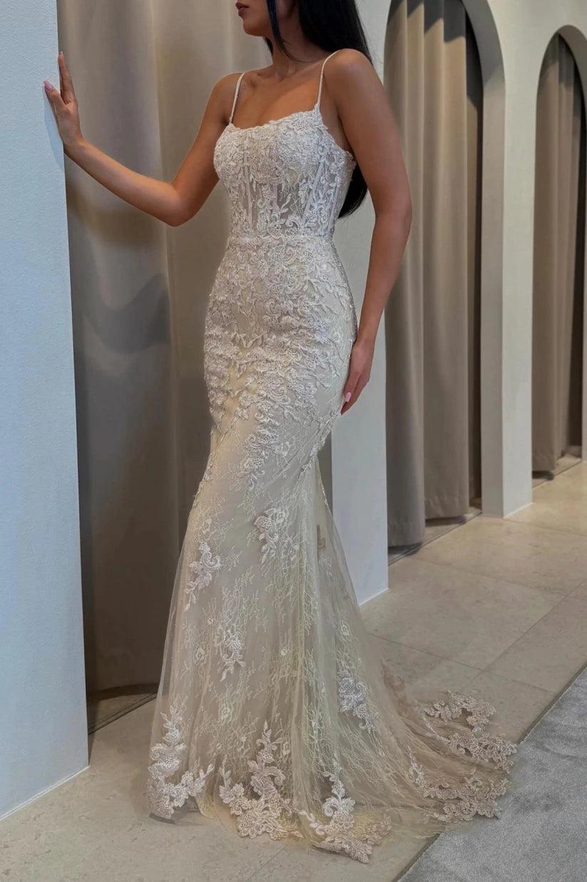 Champagne Glitter Lace Mermaid Evening Gown Spaghetti Straps Illusion Boned Corset Bodice Floral Embroidery Sweep Train Prom Dress