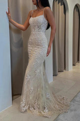 Champagne Glitter Lace Mermaid Evening Gown Spaghetti Straps Illusion Boned Corset Bodice Floral Embroidery Sweep Train Prom Dress