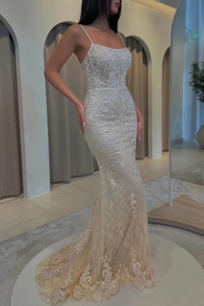 Champagne Glitter Lace Mermaid Evening Gown Spaghetti Straps Illusion Boned Corset Bodice Floral Embroidery Sweep Train Prom Dress
