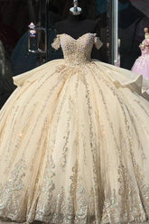 Champagne Gold Cap Sleeve Beaded Applique Tulle Ball Gown Quinceanera Dress with Bow
