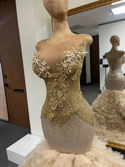 Champagne Gold Mermaid Prom Dress Illusion Scoop Neck 3D Butterfly Floral Applique Pearl Crystal Fringe Beaded Corset Tiered Tulle Ruffle Cathedral Train Gown