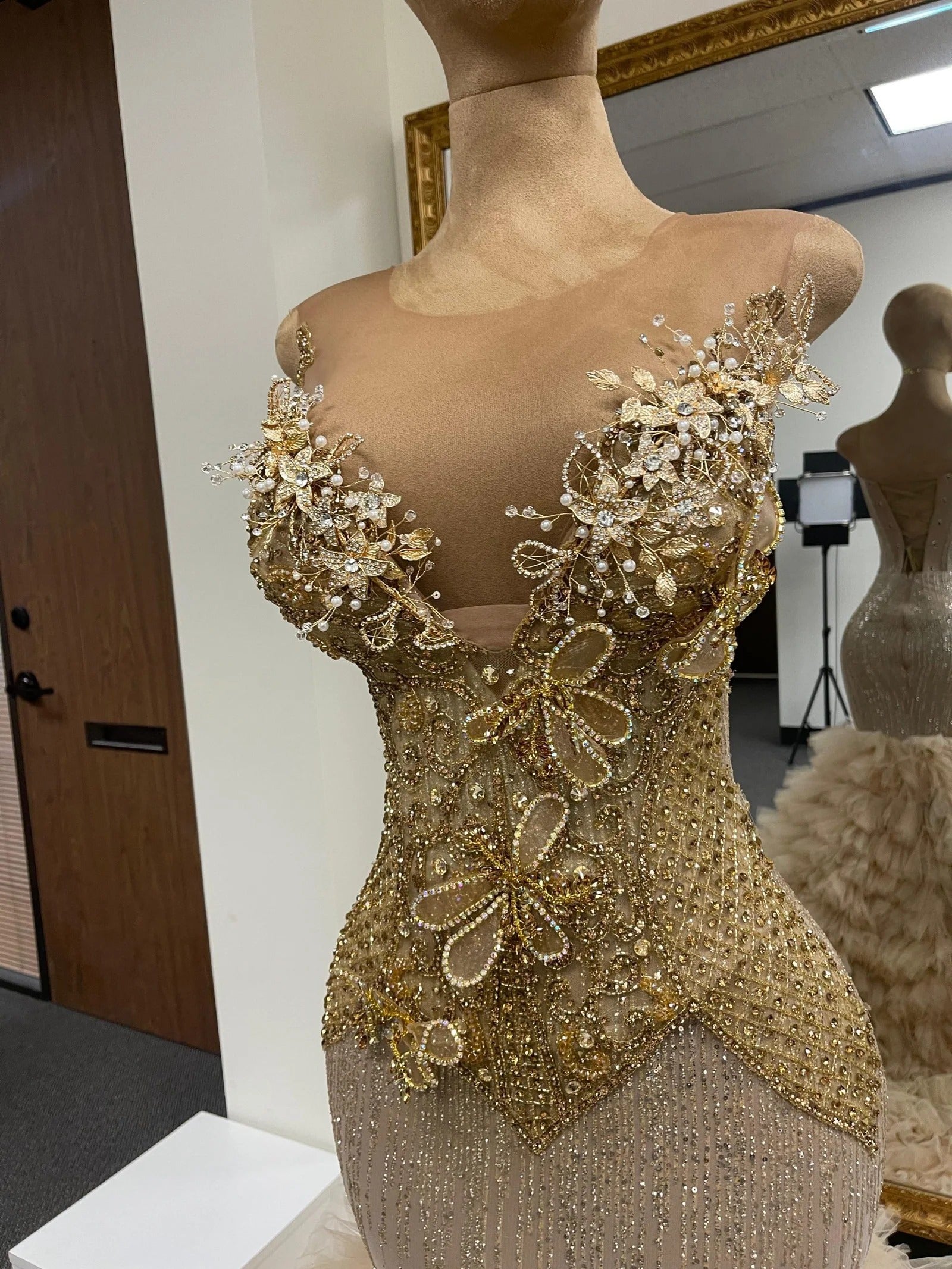 Champagne Gold Mermaid Prom Dress Illusion Scoop Neck 3D Butterfly Floral Applique Pearl Crystal Fringe Beaded Corset Tiered Tulle Ruffle Cathedral Train Gown