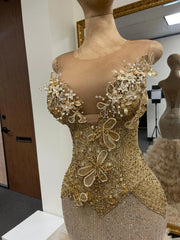 Champagne Gold Mermaid Prom Dress Illusion Scoop Neck 3D Butterfly Floral Applique Pearl Crystal Fringe Beaded Corset Tiered Tulle Ruffle Cathedral Train Gown