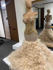 Champagne Gold Mermaid Prom Dress Illusion Scoop Neck 3D Butterfly Floral Applique Pearl Crystal Fringe Beaded Corset Tiered Tulle Ruffle Cathedral Train Gown