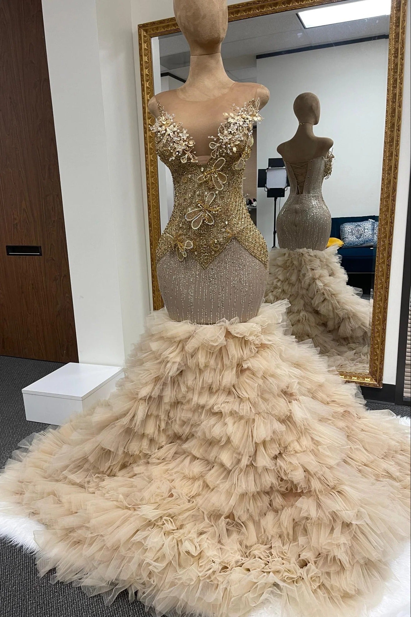 Champagne Gold Mermaid Prom Dress Illusion Scoop Neck 3D Butterfly Floral Applique Pearl Crystal Fringe Beaded Corset Tiered Tulle Ruffle Cathedral Train Gown