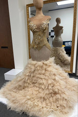 Champagne Gold Mermaid Prom Dress Illusion Scoop Neck 3D Butterfly Floral Applique Pearl Crystal Fringe Beaded Corset Tiered Tulle Ruffle Cathedral Train Gown