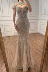 Champagne high neck beaded mermaid evening dress