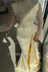 Champagne High Neck Long Sleeve Mermaid Satin Beaded Pearls Appliques Formal Evening Gown