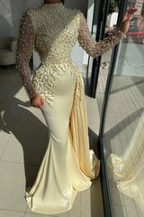 Champagne High Neck Long Sleeve Mermaid Satin Beaded Pearls Appliques Formal Evening Gown
