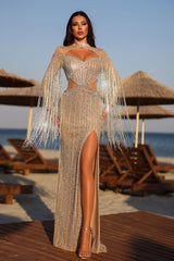 Champagne High Neck Long Sleeve Sequined Bodycon Floor Length Formal Evening Dress