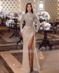 Champagne High Neck Long Sleeves Sequined Mermaid Floor Length Formal Evening Dress