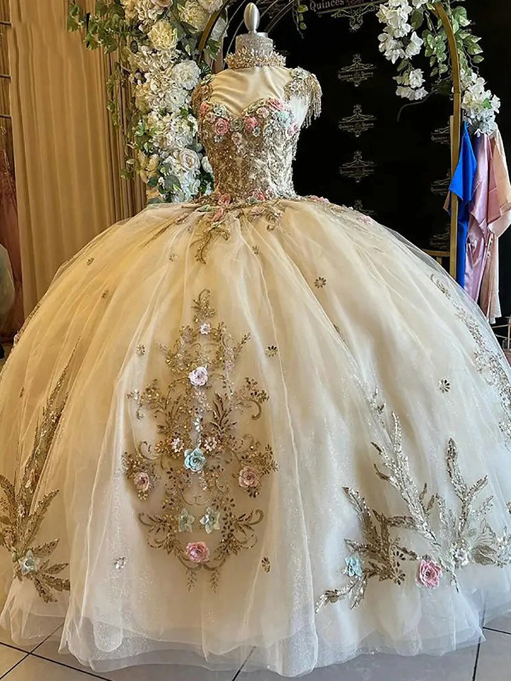 Champagne High Neck Sleeveless 3D Floral Applique Beaded Bow Ball Gown Quinceanera Dress