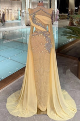Champagne High Neck Sleeveless Beaded Appliques Mermaid Floor Length Formal Evening Gown