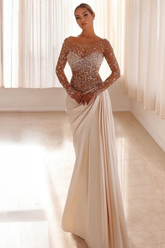 Champagne illusion beaded mermaid evening dress