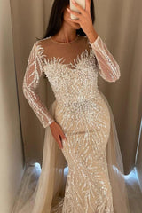 Champagne Illusion Scoop Neck Long Sheer Sleeves Beaded Mermaid Floor Formal Evening Gown