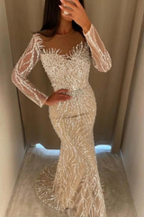 Champagne Illusion Scoop Neck Long Sheer Sleeves Beaded Mermaid Floor Formal Evening Gown