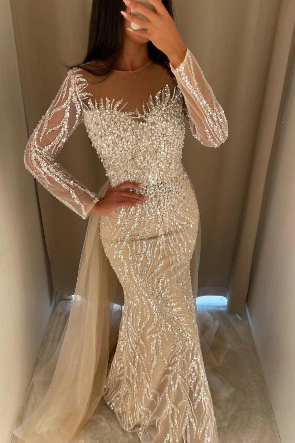 Champagne Illusion Scoop Neck Long Sheer Sleeves Beaded Mermaid Floor Formal Evening Gown