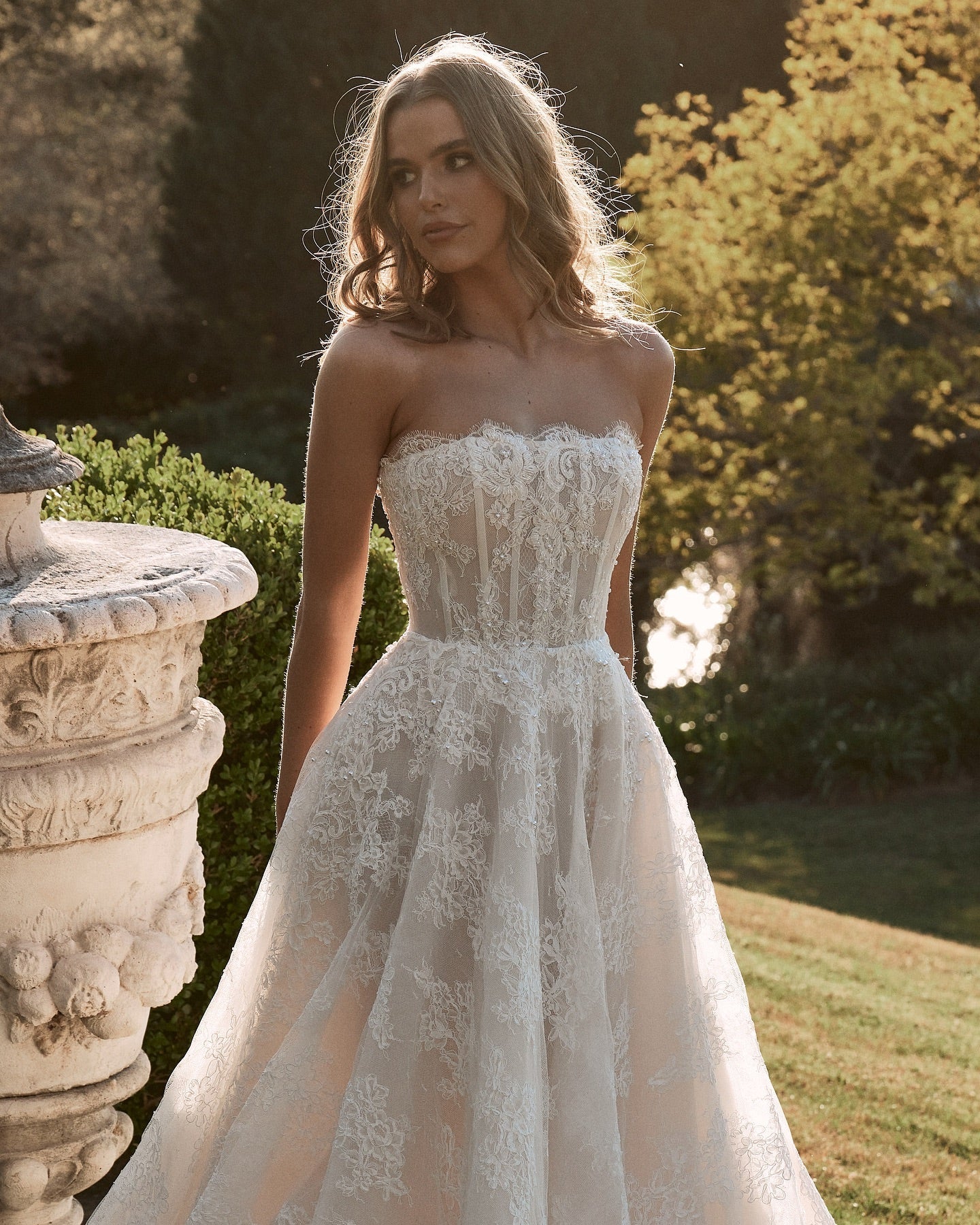 Champagne Lace Applique A-Line Wedding Dress Strapless Sleeveless Corset Bodice Cathedral Train Bridal Gown