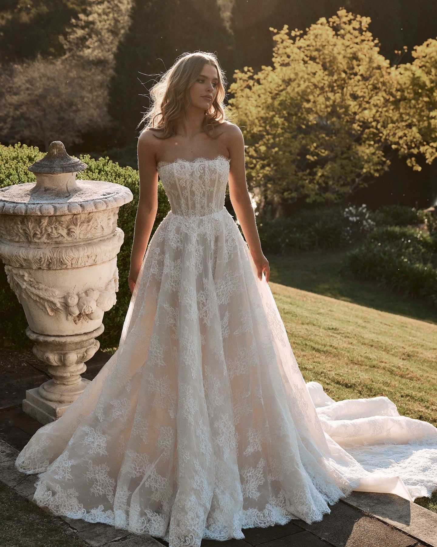 Champagne Lace Applique A-Line Wedding Dress Strapless Sleeveless Corset Bodice Cathedral Train Bridal Gown