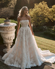 Champagne Lace Applique A-Line Wedding Dress Strapless Sleeveless Corset Bodice Cathedral Train Bridal Gown