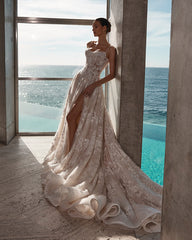 Champagne Lace Applique Beaded A-Line Wedding Dress Sweetheart Spaghetti Straps Sparkle Split Front Cathedral Train Bridal Gown