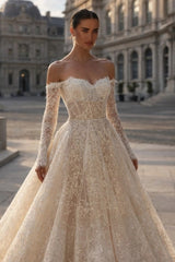 Champagne Lace Ball Gown Wedding Dress Off-the-Shoulder Sweetheart Long Sleeve Glitter Lace Corset Princess Bridal Gown with Cathedral Train