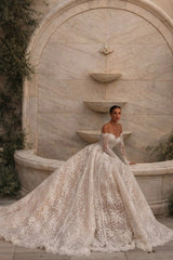 Champagne Lace Ball Gown Wedding Dress Off-the-Shoulder Sweetheart Long Sleeve Glitter Lace Corset Princess Bridal Gown with Cathedral Train