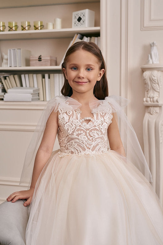 Champagne Lace Flower Girl Dress V-Neck Butterfly Cape Sleeves Embroidery V-Back Puffy Tulle