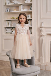 Champagne Lace Flower Girl Dress V-Neck Butterfly Cape Sleeves Embroidery V-Back Puffy Tulle