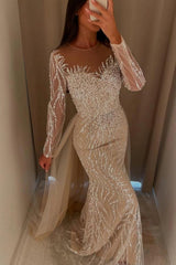Champagne Mermaid Evening Dress Illusion Jewel Neck Long Sheer Sleeves Allover Crystal Pearl Branch Beaded Luxury Formal Gown with Sweep Train
