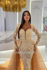 Champagne Mermaid Long Sleeves Sweetheart Prom Evening Dresses with Tulle Overskirt