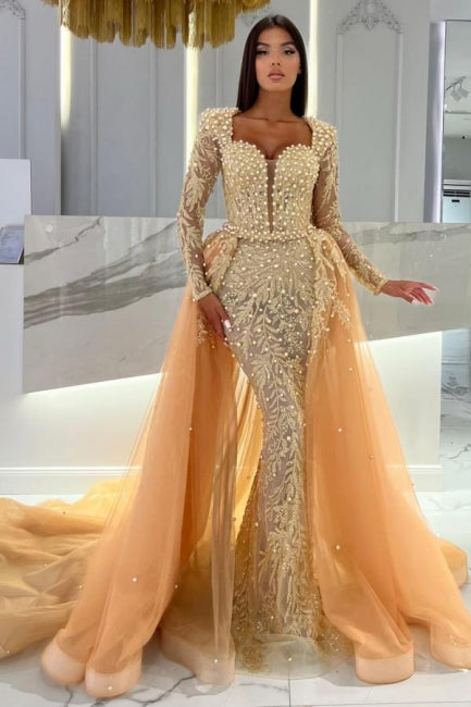 Champagne Mermaid Long Sleeves Sweetheart Prom Evening Dresses with Tulle Overskirt