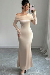 Champagne Off Shoulder Long Sleeve Draped Bodycon Floor Length Formal Evening Dress