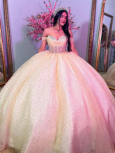 Champagne Off-Shoulder Sleeveless Rhinestone Beaded Tulle Ball Gown Quinceanera Dress